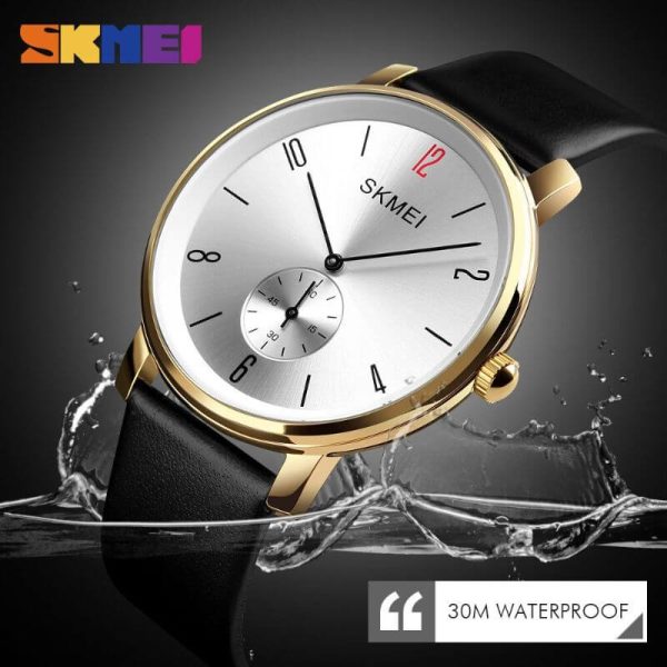 SKMEI 1398 Casual Simple Slim Round Dial Leather Strap Quartz Watch For Men - Golden - Image 3