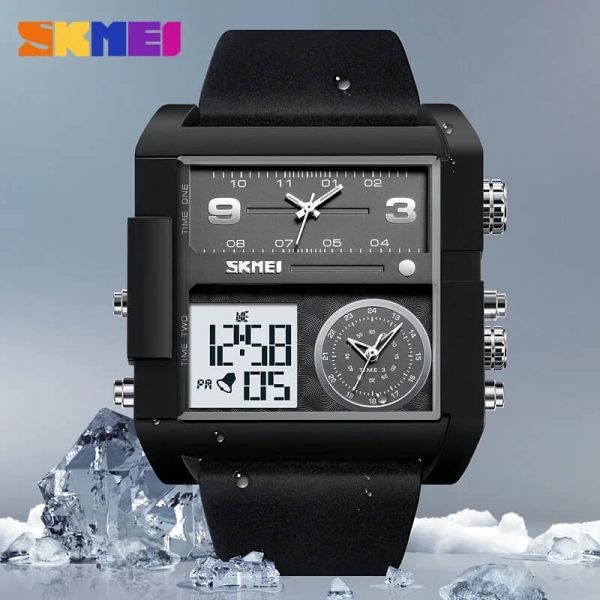 SKMEI 2020 Fashion Double Display Multifunction Large Dial Leather Strap Watch for Men -  Black - Image 3