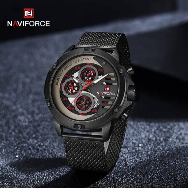 NaviForce NF9110 Luxury Chronograph Analog Quartz Mesh Stainless Steel Casual Watch For Men - Black/Red - Image 2