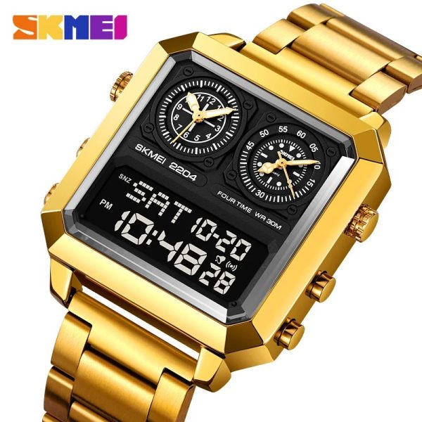 SKMEI 2204 Simple Fashion Square Dial Lumnious Date Day Display Stainless Steel Watch For Men - Black/Golden