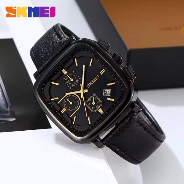 SKMEI 2182 Simple Fashion Square Dial Date Display Leather Watch For Men - Golden/Black - Image 2