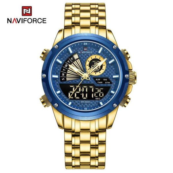 NaviForce NF9205 Luxury Dual Display Luminous Stainless Steel Watch For Men - Blue/Golden - Image 3