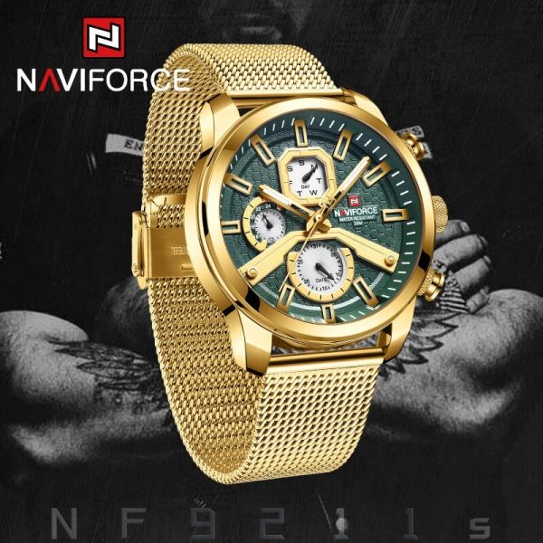 NaviForce NF9211 Men's Fashion Chronograph Day Date Display Stainless Steel Mesh Luminous Watch - Golden/Green - Image 3