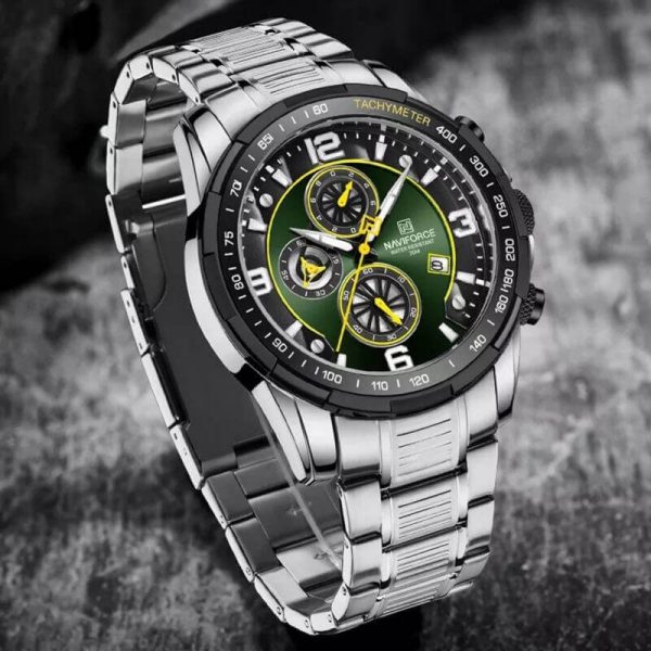 NaviForce NF8020 Fashion Multifunction Chronograph Date Display Stainless Steel Wristwatch For Men - Green/Silver - Image 3