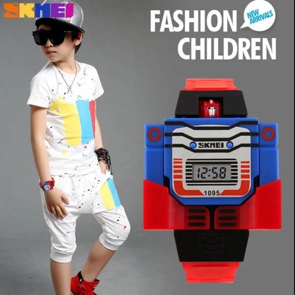 SKMEI 1095 Kids Watch Robot Transformation LED Digital Toys Cartoon Sport - Red - Image 2