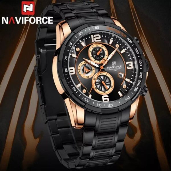 NaviForce NF8020 Fashion Multifunction Chronograph Date Display Stainless Steel Wristwatch For Men - Black/Rosegold - Image 2