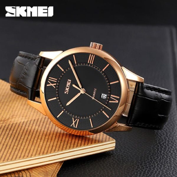 SKMEI 9261 Business Roman Numeral Classic Date Display Leather Strap Watch For Men - RoseGold/Black - Image 2