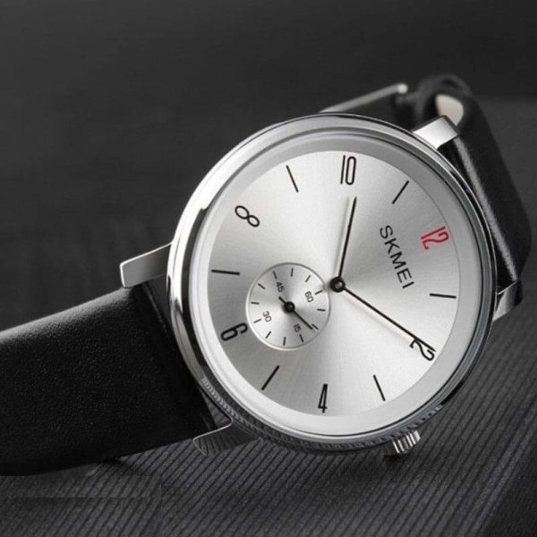 SKMEI 1398 Casual Simple Slim Round Dial Leather Strap Quartz Watch For Men - Silver - Image 2