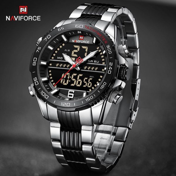 NAVIFORCE NF9195 Men's Dual Display Stainless Steel Day Date Watch - Black/Silver - Image 3