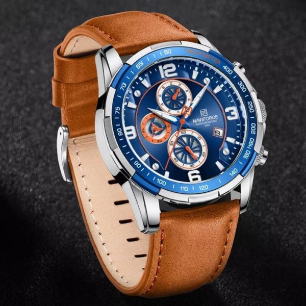 NaviForce NF8020 Fashion Multifunction Chronograph Date Display Leather Strap Wristwatch For Men - Blue/Orange - Image 4