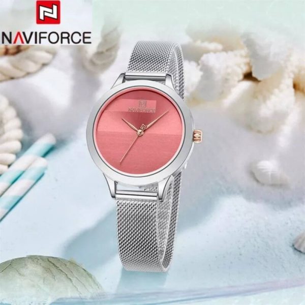 NaviForce NF5027 Simple Casual Round Mesh Stainless Steel Quartz Watch For Women - Pink/Silver - Image 2