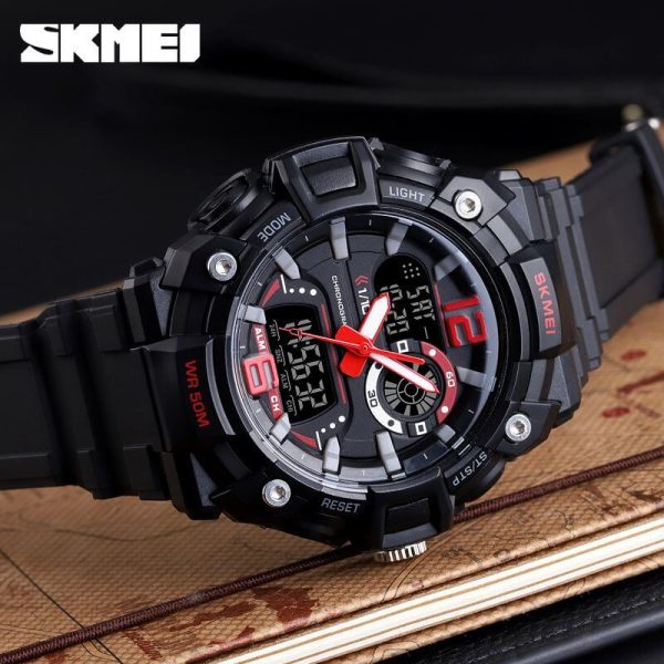 SKMEI 1529 Men's Sports LED Light Chronograph Dual Display 3 Time Multi-Function Watch - Red/Black - Image 3