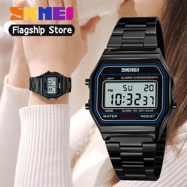 SKMEI 1123 Unisex Business Collection Vintage Series Digital Stainless Steel Watch - Black