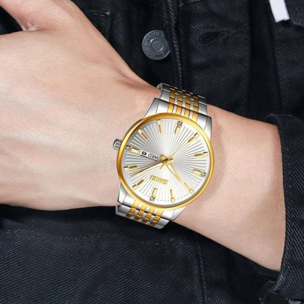 SKMEI 9323 Men's Texture With Fashion Day Date Display Quartz Stainless Steel Watch - Silver/Golden - Image 2