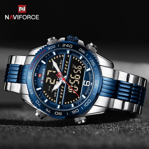 NAVIFORCE NF9195 Men's Dual Display Stainless Steel Day Date Watch - Blue/Silver - Image 2