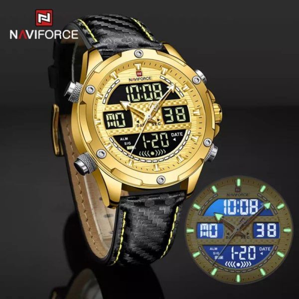 NaviForce NF9194 Multifunction Digital Analog LCD Leather Strap Complete Calendar Wristwatch For Men - Golden/Black - Image 4