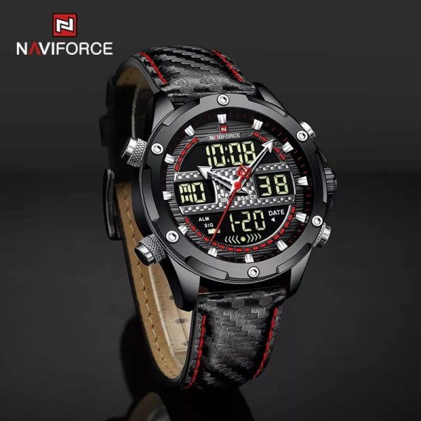 NaviForce NF9194 Multifunction Digital Analog LCD Leather Strap Complete Calendar Wristwatch For Men - Red/Black - Image 3