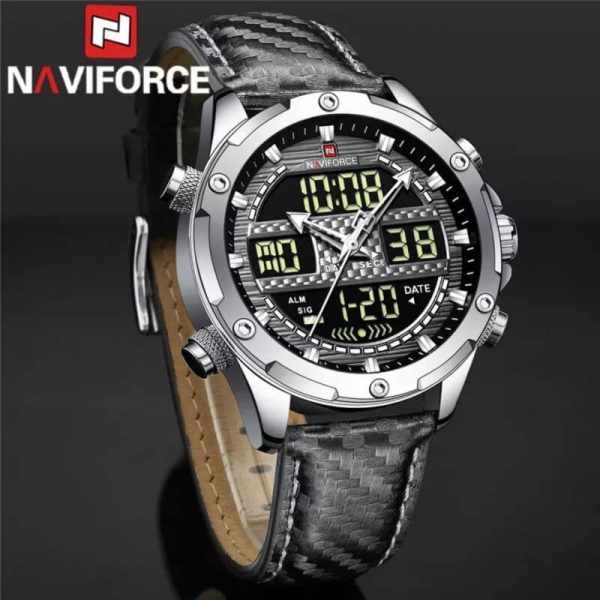 NaviForce NF9194 Multifunction Digital Analog LCD Leather Strap Complete Calendar Wristwatch For Men - Grey - Image 2