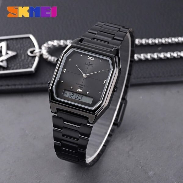 SKMEI 1612 Casual Digital Analog Slim Dial Stainless Steel Watch For Men - Black - Image 3