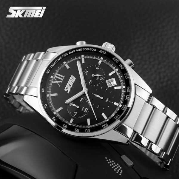 SKMEI 9096 Men's Business Full Stainless Steel Analog Date Display Chronograph Wristwatch - Silver/Black - Image 3