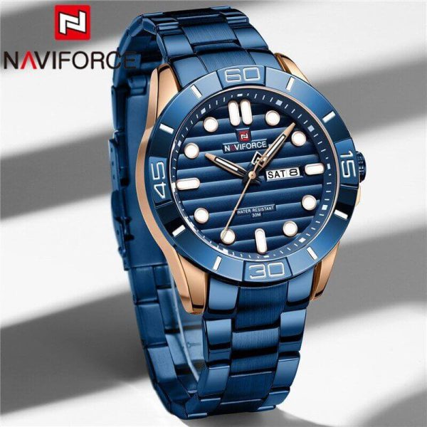 NAVIFORCE NF9198 Casual Quartz Luminous Date Week Stainless Steel Watch For Men - Blue/Rosegold - Image 3