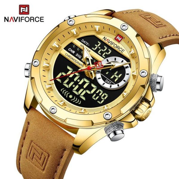 NaviForce NF9208 Men's Dual Display LCD Leather Strap Complete Calendar Wristwatch - Golden