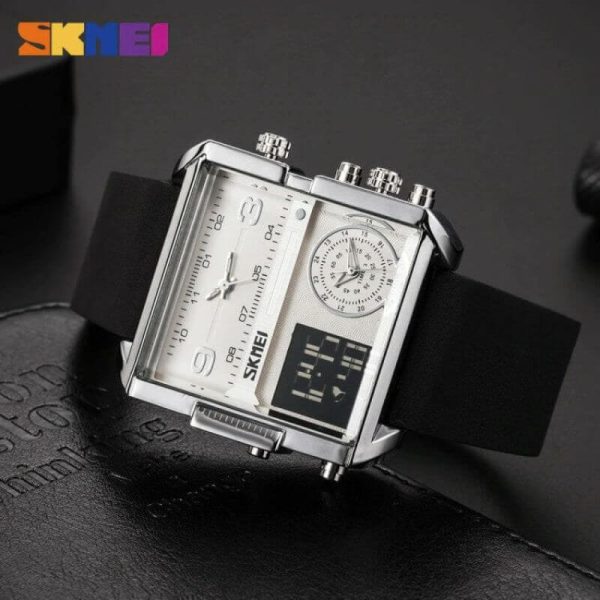 SKMEI 1584 Men's Multifunction Square Dial Digital Analog LED Chronograph Leather Strap Wristwatch - Silver/Black - Image 2