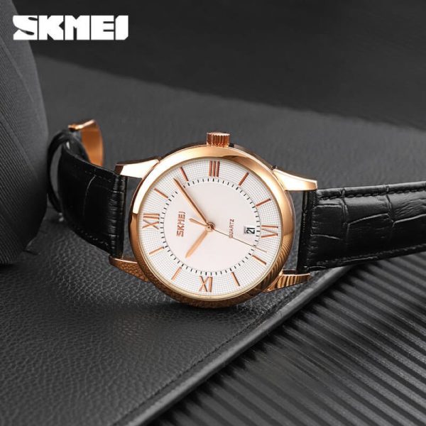 SKMEI 9261 Business Roman Numeral Classic Date Display Leather Strap Watch For Men - RoseGold/White - Image 2