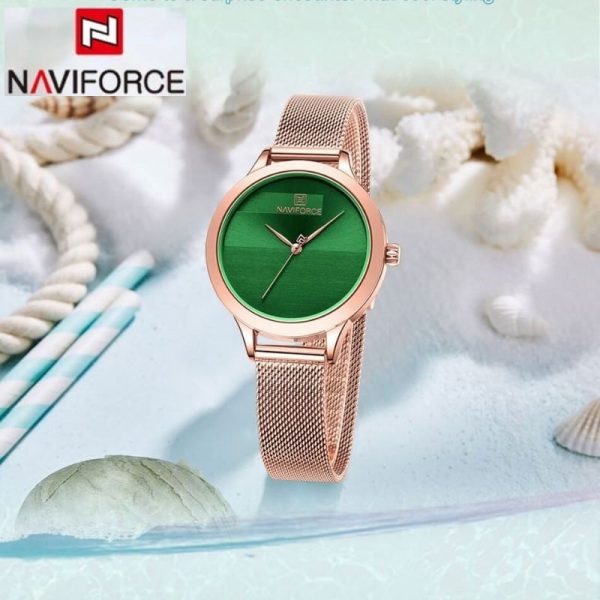 NaviForce NF5027 Simple Casual Round Mesh Stainless Steel Quartz Watch For Women - Green/Rosegold - Image 2