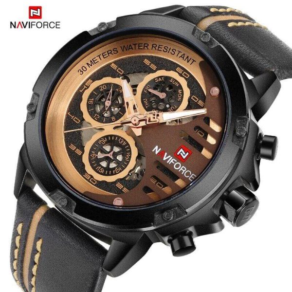 NAVIFORCE NF9110 Luxury Chronograph Analog Quartz Leather Casual Watch For Men - Golden/Black