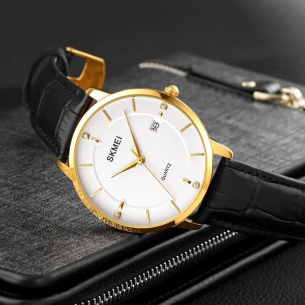 SKMEI 1801 Men's Business Calendar Leather Strap Classic Diamond Quartz Watch - Golden/White - Image 2