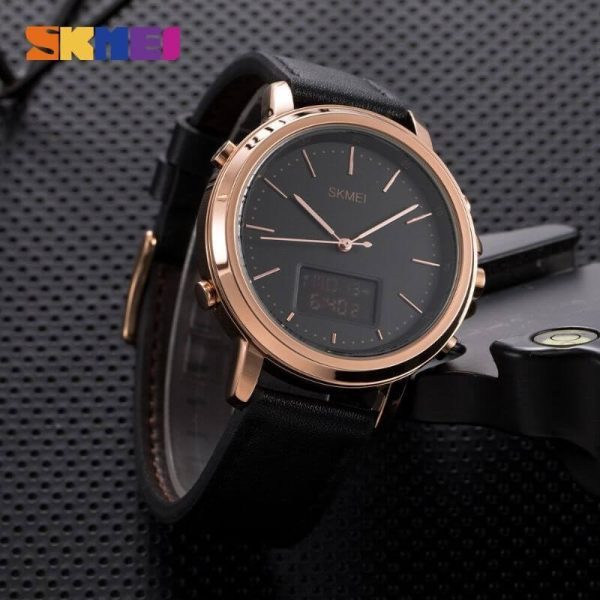 Skmei 1652 Men's Casual Dual Movement LED Light Display Leather Strap Wristwatch - Black/RoseGold