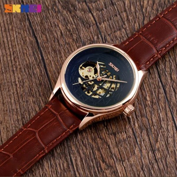 SKMEI 9209 Men's Automatic Hollowing Mechanical Fashion Business Leather Strap Watch - Black/Brown - Image 2