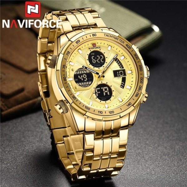 NAVIFORCE NF9197  Men's Business Stainless Steel Day Date Function Analog Digital Wristwatch - Golden - Image 3