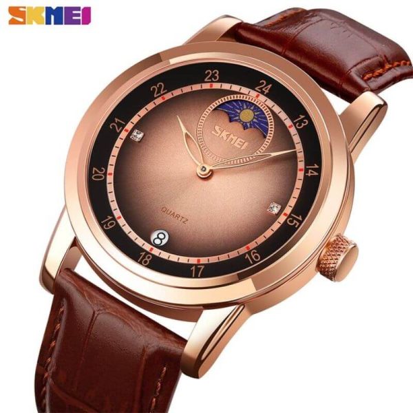 SKMEI 9300 Men's Business Moon Phase Leather Strap Date Display Quartz Watch - Brown