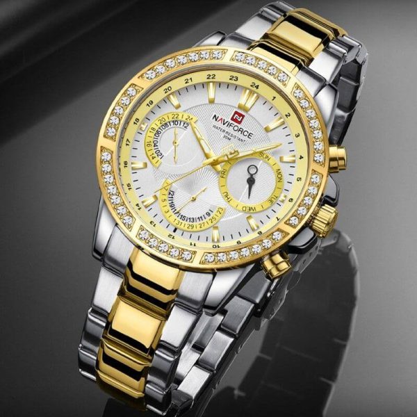 NAVIFORCE NF9196 Men's Quartz Stainless Steel Diamond Chronograph Complete Calendar Wristwatch  - Golden/Silver - Image 3