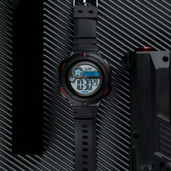 Skmei 1481 Digital Men Outdoor Sport New Brand 50M Waterproof 2 Time Alarm Clock Military Watch - Black/Red - Image 3