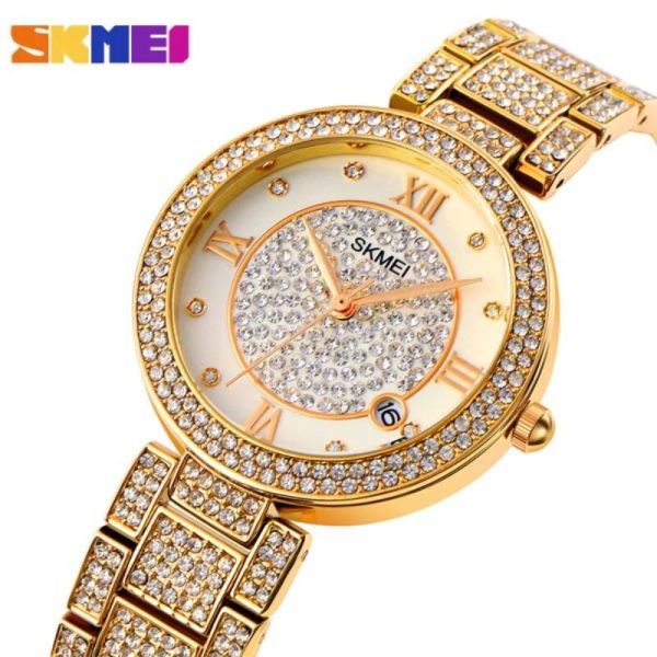 SKMEI 1739 Women's Fashion Iced Diamond Roman Numeral Index Date Display Quartz Stainless Steel Watch - Golden