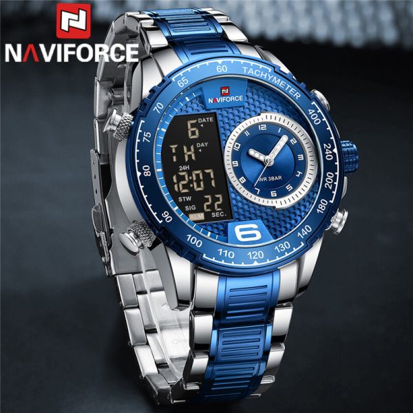 NAVIFORCE NF9199 Double Display LCD Chronograph Stainless Steel Wristwatch For Men - Blue/Silver - Image 3