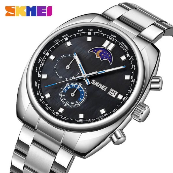 SKMEI 9325 Men's Business Moon Phase Chronograph Luminous Pointer Date Display Stainless Steel Watch - Black/Silver