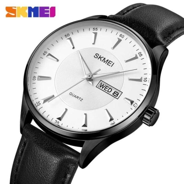 SKMEI 2075 Simple Elegant Quartz Date Day Display Leather Strap Watch For Men - White/Black