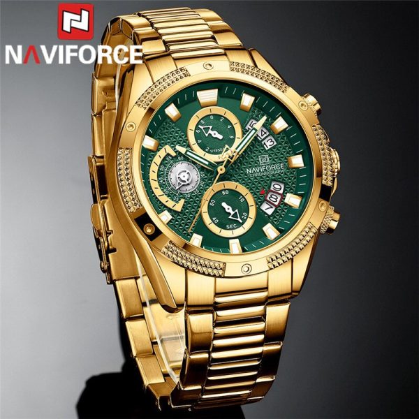 NaviForce NF8021 Men's Multifunction Date Display Stainless Steel With Luminous Hands Chronograph Watch - Green/Golden - Image 3