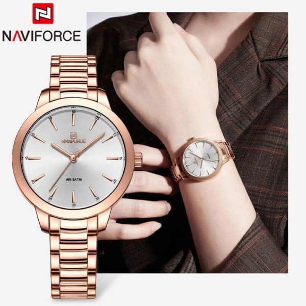 NaviForce NF5025 Women's Simplicity Casual Stainless Steel Quartz Watch - White/Rosegold - Image 2