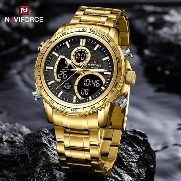 NAVIFORCE NF9182 Multi-Function Digital/Analog Casual Steel Watch For Men - Golden/Black - Image 3