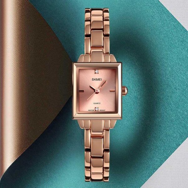 SKMEI 1407 Women's Rectangle Shape Diamond Studded Ultra Thin Stainless Steel Analog Watch - RoseGold - Image 3