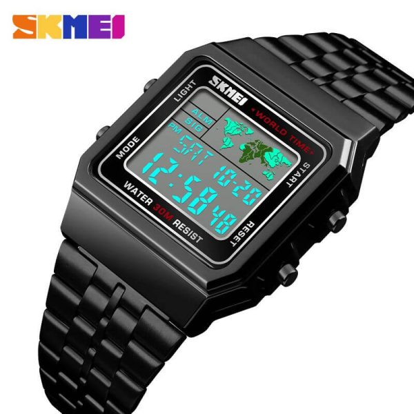 SKMEI 1338 Men's Stainless Steel Countdown Time Zone Waterproof LED Electronic Digital Watch - Black