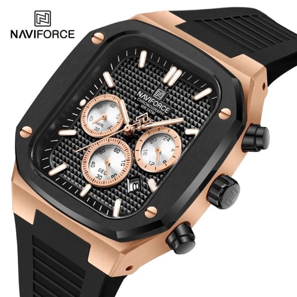 NaviForce NF8037 Classic Square Chronograph Date Display Luminous Silicon Strap Watch For Men - Rosegold/Black