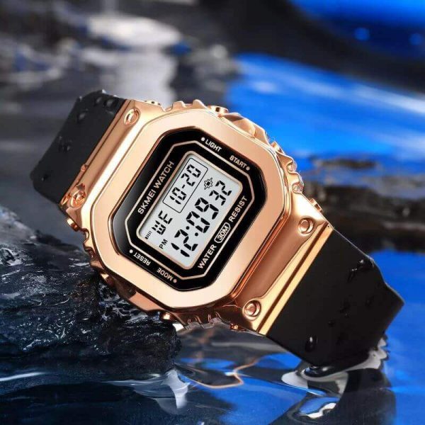 SKMEI 1796 Fashion Digital LED Light Display Multifunction Unisex Rectangle Dial Shape Watch - RoseGold/Black - Image 3