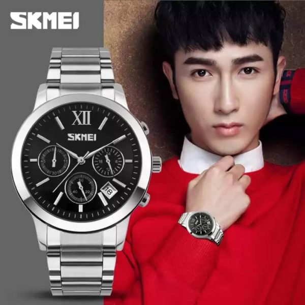 SKMEI 9097 Business Chronograph Stopwatch Date Display Stainless Steel Quartz Wristwatch For Men - Black/Silver - Image 2