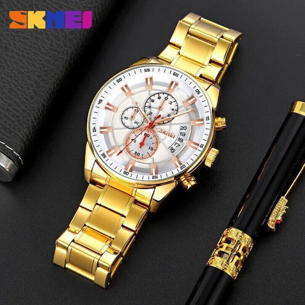 SKMEI 9285 Men's Business Multifunction Date Display Chronograph Stainless Steel Watch - Golden/White - Image 2